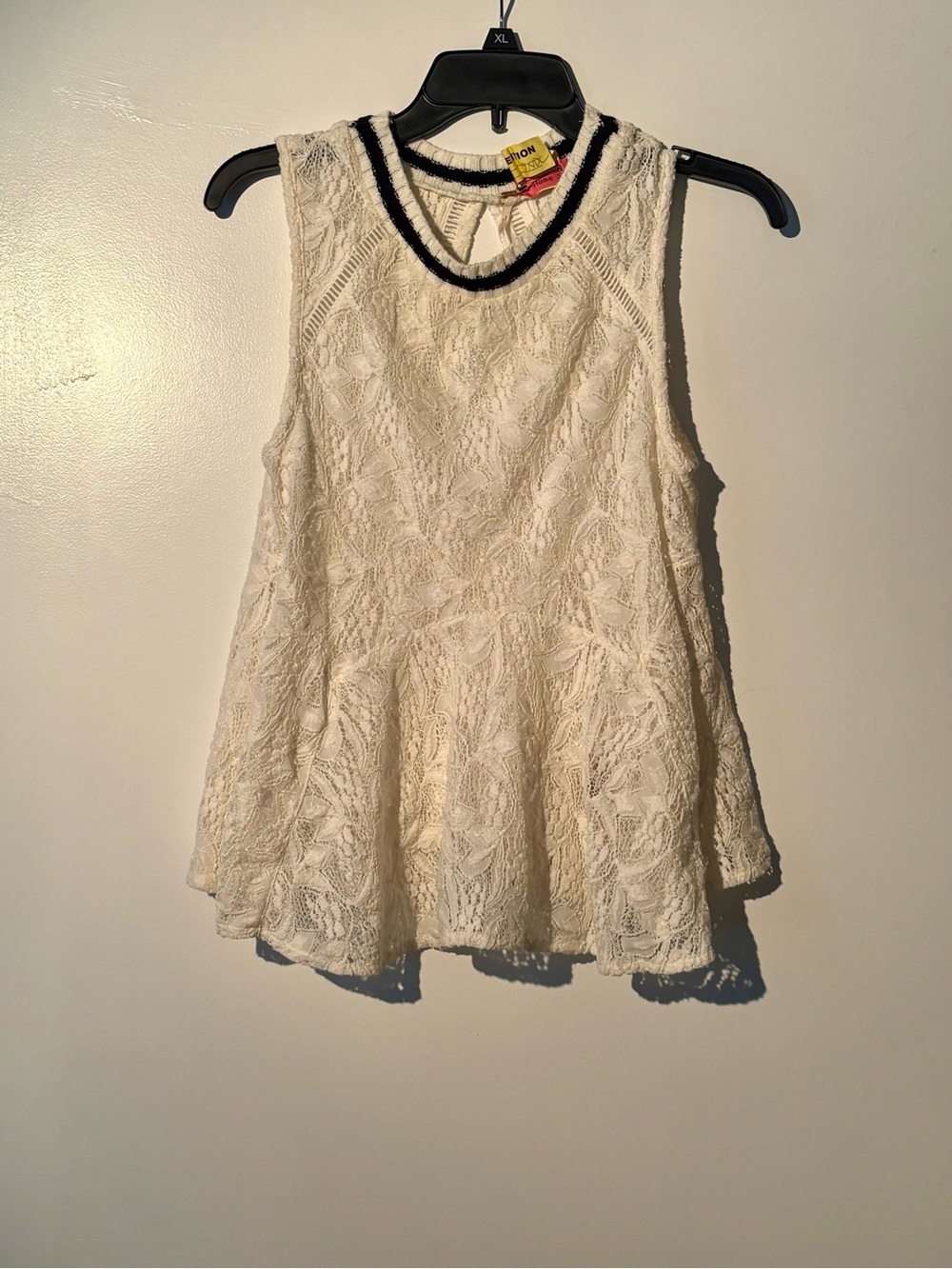 Free People Cream Lace Peplum Tank with Black Neck Trim
